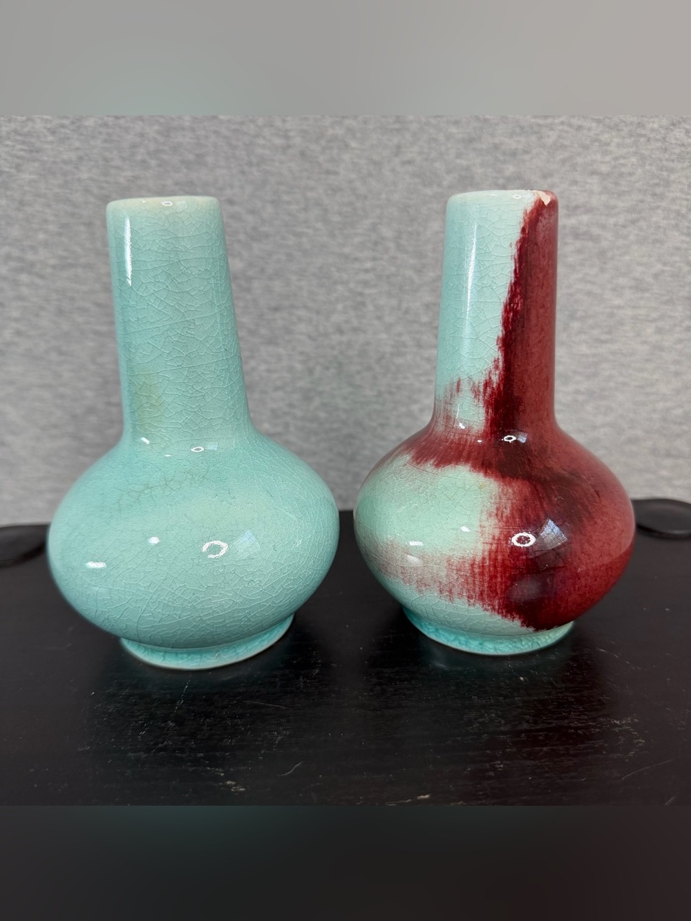 Vintage Chinese Jingdezhen Flambé Oxblood Celadon Crackle Vases Pair Blue Mark
